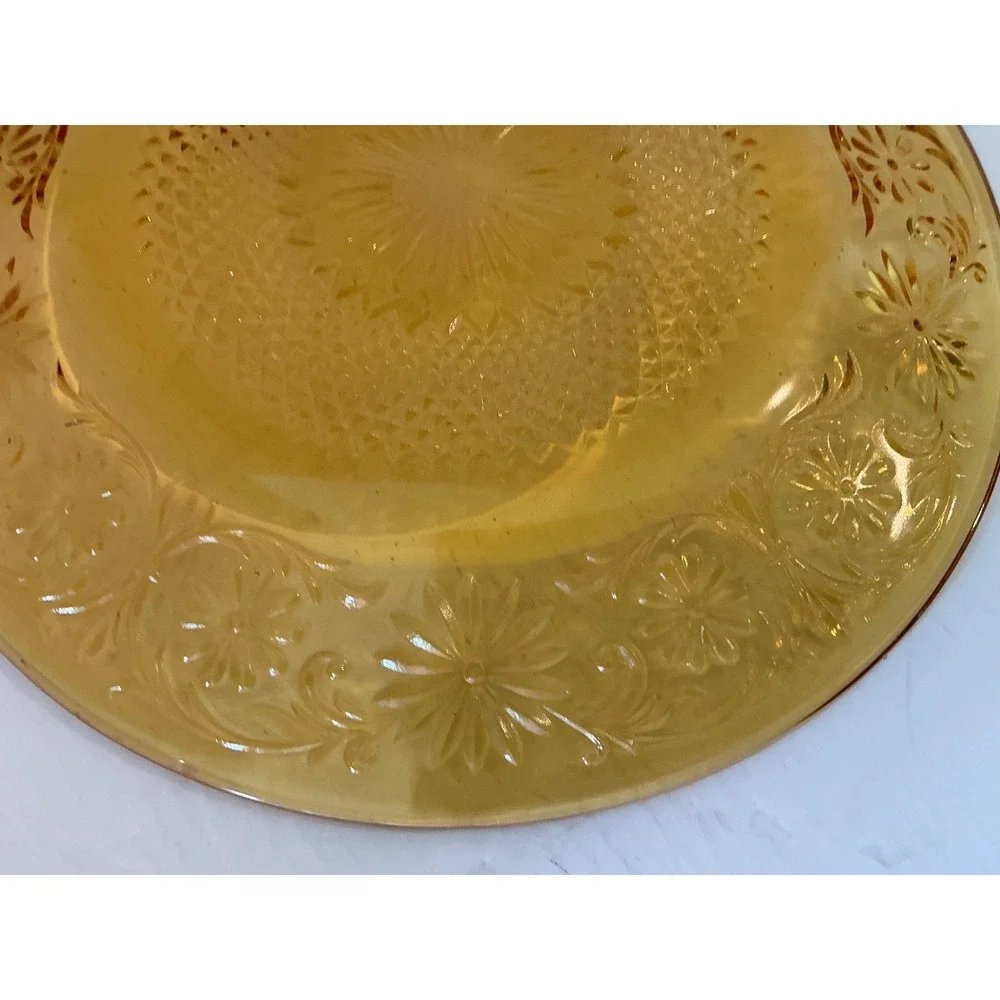 Vintage Tiara Sandwich Glass Plate Amber Floral Embossed 8 Incha
